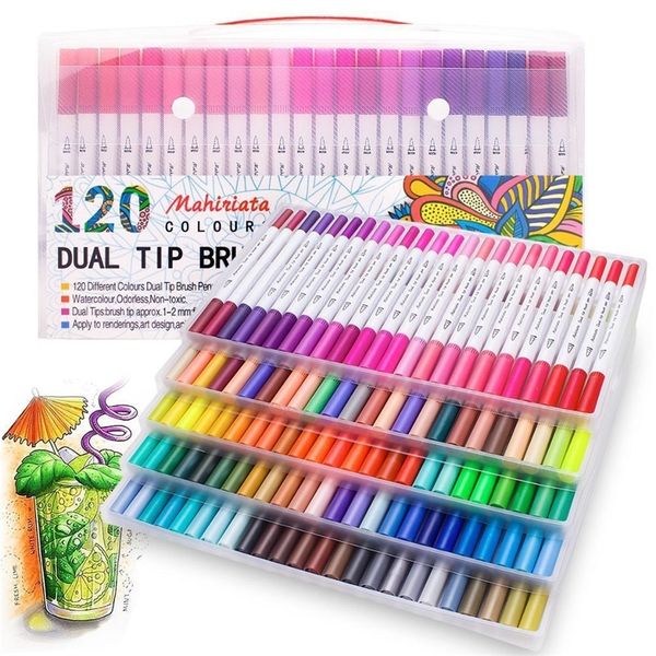 Dual Tip Art Markers 60-100-120 Colors Calligraphy Watercolour Paint Brush Pen Set for Adult Colouring Books Y200709