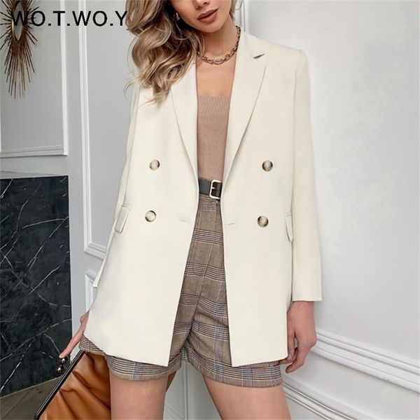 WOTWOY Office Lady White Blazers Women Autumn Winter Long Sleeve Coats Female Single Button Solid Jacket Woman Pockets New 201023