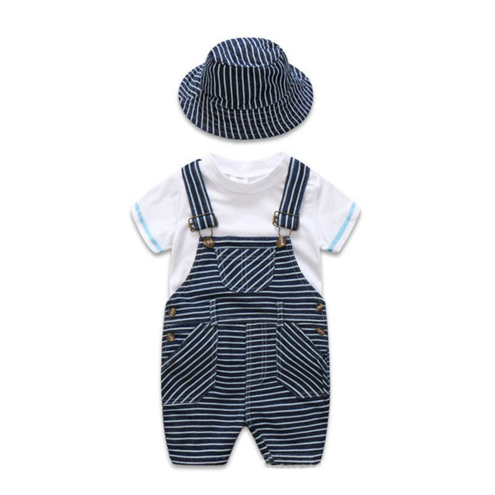 Newborn Baby Summer Boy Clothes Infant Outfits Kids Clothes 3pcs-set White T-shirt+suspender Trousers+hat Boys Sets