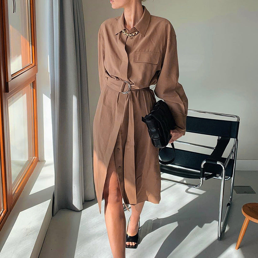 2021 New Women Autumn Belt Long Sleeve Shirt Winter Turn-down Collar Single Breasted Work Elegant Office Ladies Vestidos 2di8