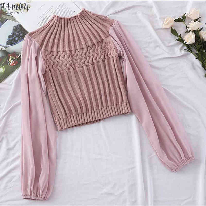 Fashion Long Sleeve Chiffon Womens Applique Blouses Feminina Casual Knitted Patchwork Blouse Crop Blusas Mujer De Moda