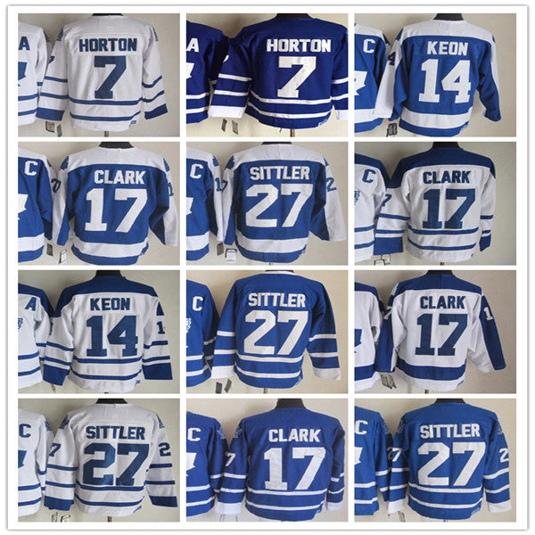 Men Vintage Toronto Hockey CCM Retro Jerseys 17 Wendel Clark 27 Darryl Sittler 14 Dave Keon 7 Tim Horton 1 Johnny Bower Stitched Blue White Alternat