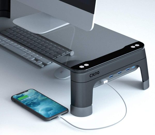 Monitor Riser Stand , 4-Port USB 3.0 Hub Tempered Glass Monitor Stand Super Fast Charge 5Gbps High-Speed Data Transfer Desk Organizer Keyboa