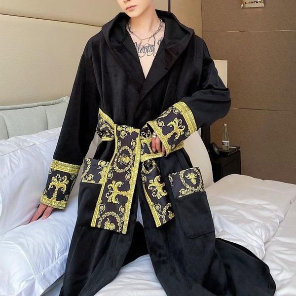 Men&#039;s Sleepwear Luxury Winter Black Gold Paisley Velvet Robe Men Long Nightgown Hooded Warm Bath Clothing