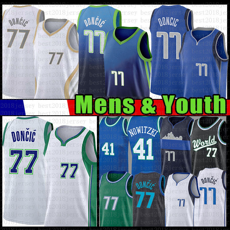 Men&#039;s Youth Kids Luka Doncic Youth Kid&#039;s 77 Basketball Jersey Dirk Nowitzki 2021 New 75th anniversary White Blue Jerseys 41