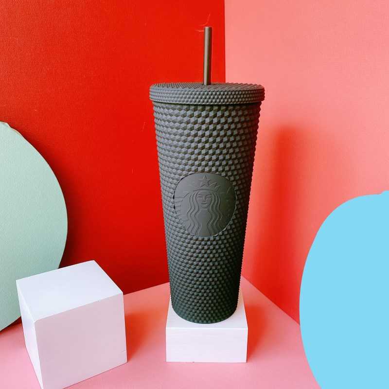 Authentic Starbucks North America Frosted black durian Straw mug 710ML Mermaid Plaid grain plastic cold water coffee cup gift