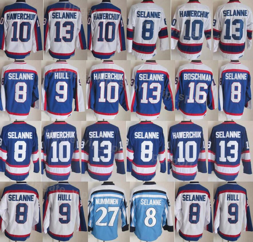 Men Ice Hockey Vintage Retro 10 Dale Hawerchuk Jersey 16 Laurie Boschman 9 Bobby Hull 13 Teemu Selanne 27 Teppo Numminen All Stitched Navy Blue Whit