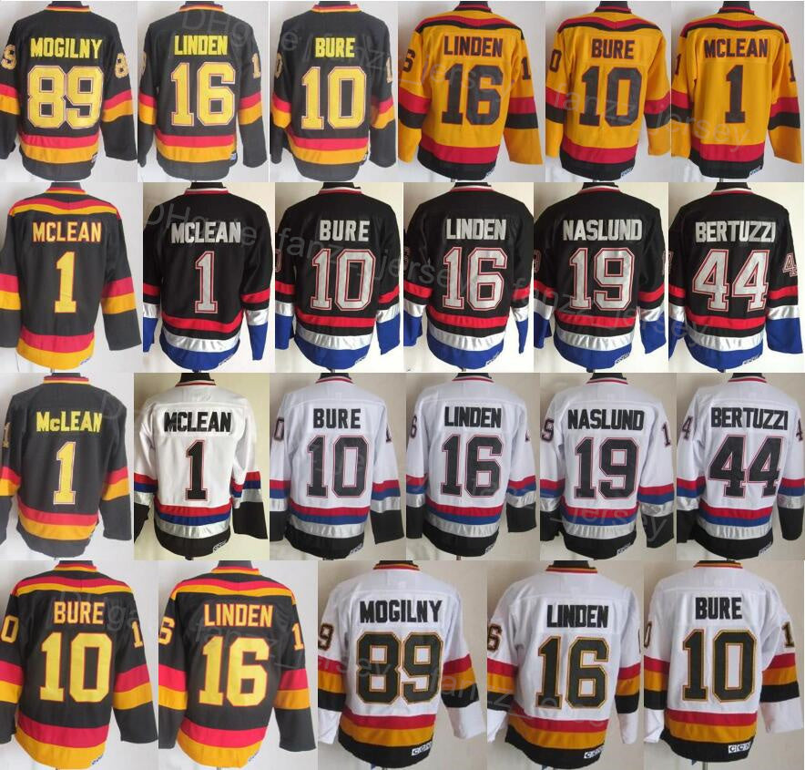Men Retro Ice Hockey Vintage 1 Kirk Mclean Jerseys 19 Markus Naslund 10 Pavel Bure 89 Alexander Mogilny 44 Todd Bertuzzi Sport White Black Yellow Aw