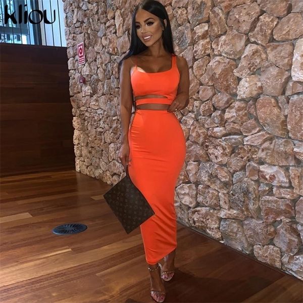 Kliou women solid color strapless hollow out crop top high waist elastic skinny long skirts two pieces set female fashion outfit 220302