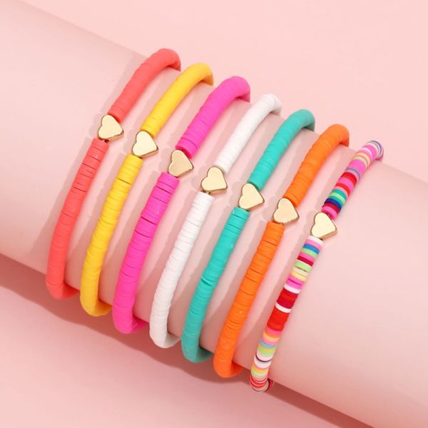 Gold Heart Charm Bracelets Colorful Polymer Clay Vinyl Heishi Disc Strands Stretch Bracelet Jewelry Wholesale 7pcs-set