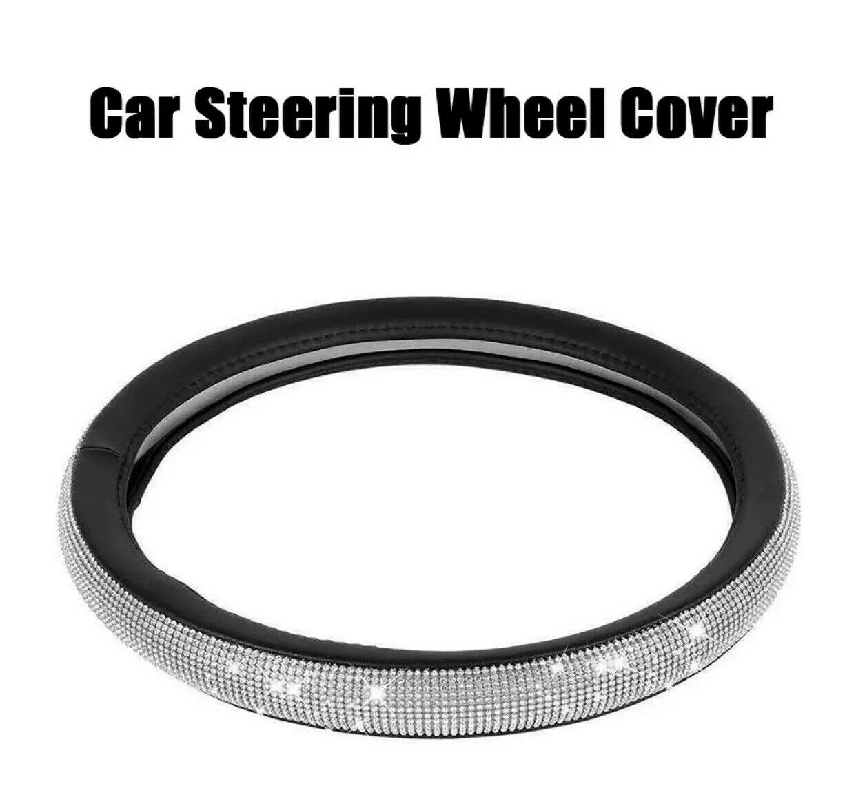 Crystal Bling Rhinestone Car Steering Wheel Cover 15&#039;&#039; 38cm Black PU Leather