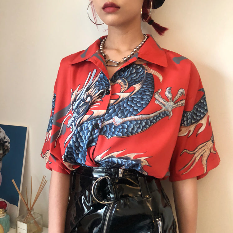 Women Designer Lapel Neck Button Blouse Spring Fall Retro Dragon Print Luxury Cardigan Blouses Fashion Shirts Short Sleeve Tops Shirt