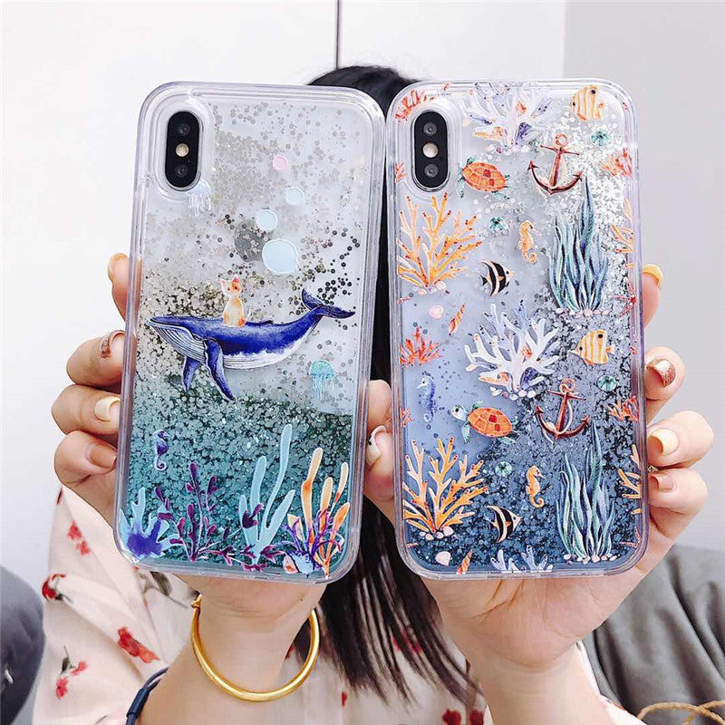 Fashion cute sea world animal whale plants glittering flow sequins quicksand phone case for iphone 12 11 pro X XS max XR 6 7 8 plus