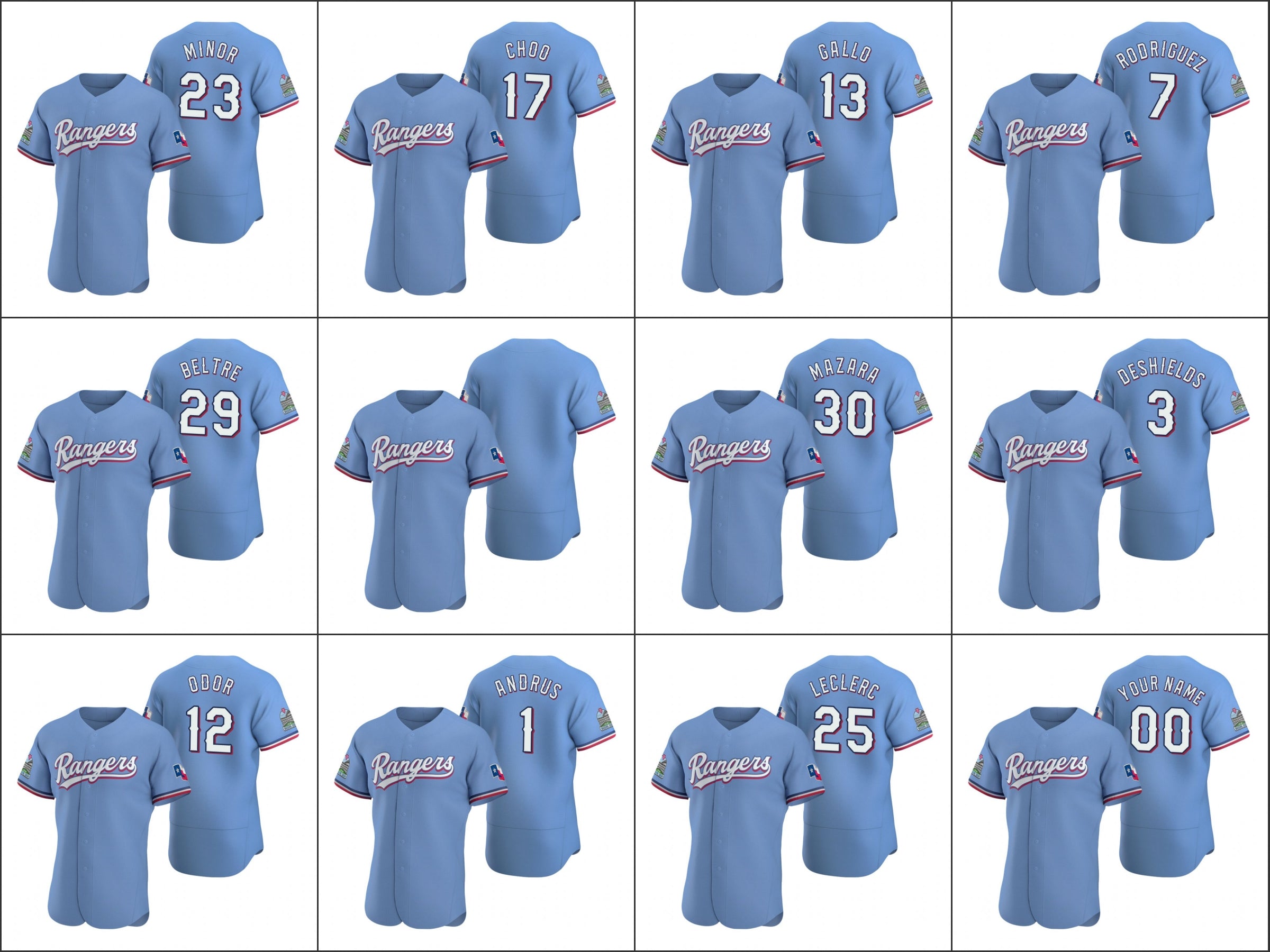 Texas&#13;Rangers #29 Adrian Beltre 12 Rougned Odor 13 Joey Gallo Men Women Youth Custom Light Blue Authentic 2020 Alternate Jersey