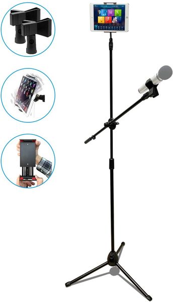 Microphone Stand with Tablet Holder, Lightweight Adjustable Collapsible Tripod Boom Mic Stand with 2 Clips,Extendable Telescopic Boom Arm