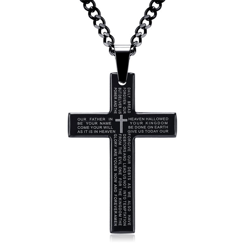 Retro Christian Jesus Single Titanium Scripture Cross Necklace Stainless Steel Black Prayer Choker Cross Pendants For Men Colar