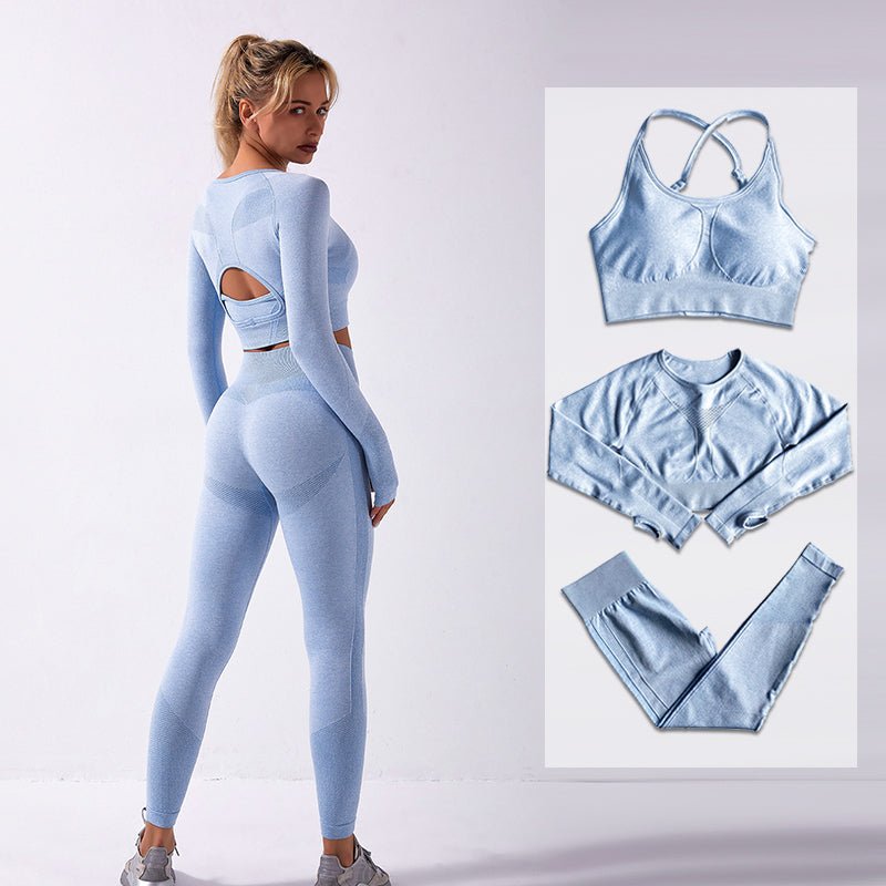 2-3Pcs Seamless Yoga Sets Women Gym Clothes Workout Sportswear Long Sleeve Top Bra High Waist Leggings Set Running Sport Suits Y1123