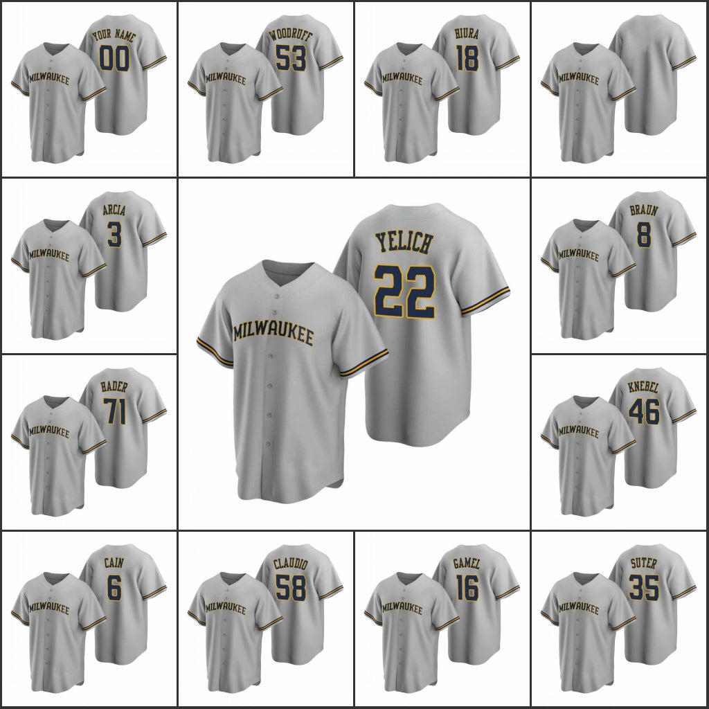 Milwaukee&#13;Brewers&#13;Men #22 Christian Yelich 6 Lorenzo Cain 3 Orlando Arcia Women Youth Custom Gray&#13;Replica&#13;Road Jersey