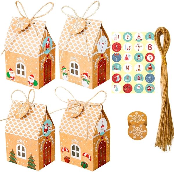 24 Sets Christmas House Gift Box Kraft Paper Cookies Candy Bag Snowflake Tags 1-24 Advent Calendar Stickers Hemp Rope Party Supp 201128