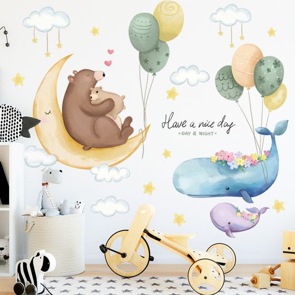 Cartoon Bear Whale Wall Sticker Living Room Bedroom Door Wall Decoration Kid&#039;s Room Mural Art Decals Home Decor Stickers 201130
