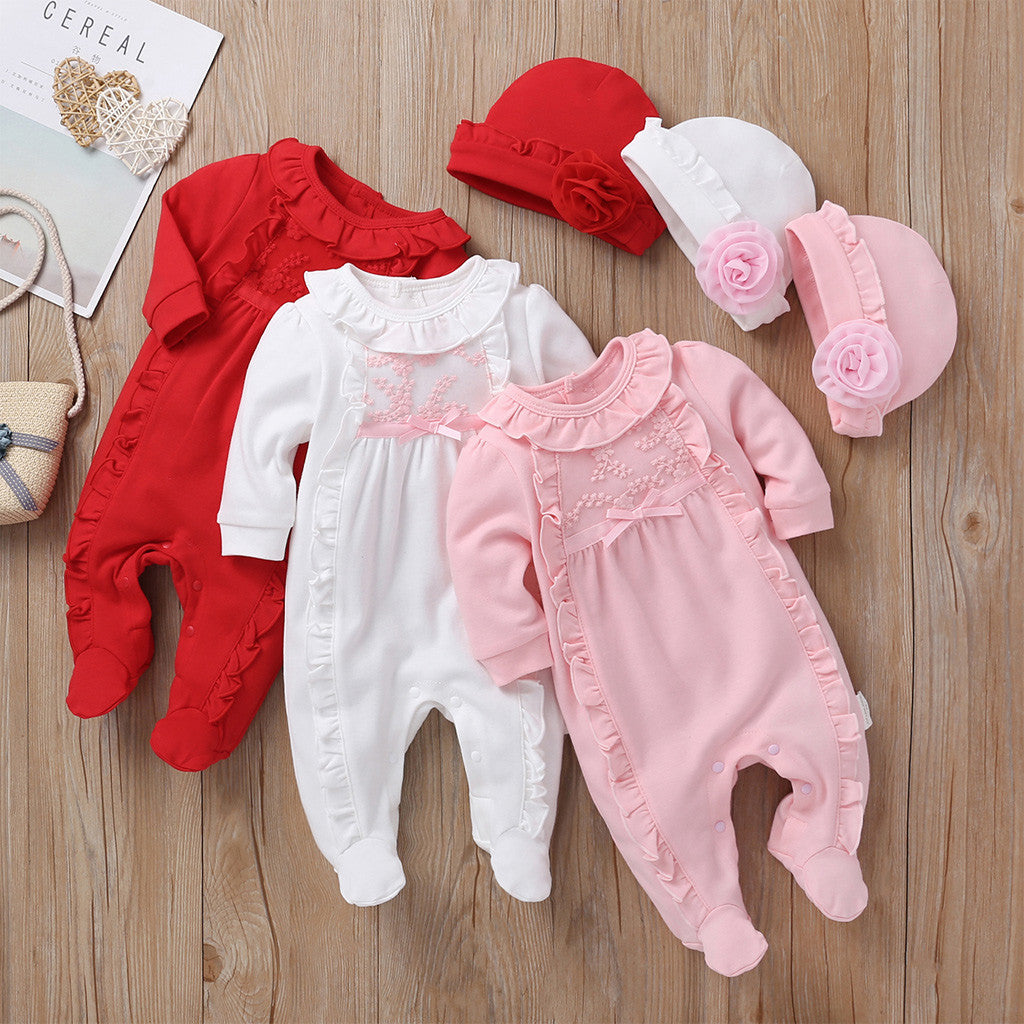 Winter Newborn baby girl clothes 0 3 months Newborn Infant Baby Girls Solid Ruffles Floral Romper Jumpsuit+Hat Outfits Sets 201027