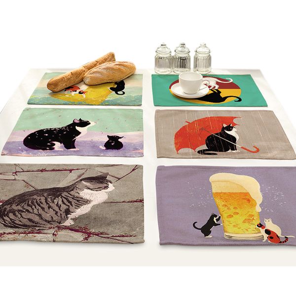 Cartoon Animal Cotton Linen Cloth Art Insulation Food Mat Cute Cat Beer Printing Placemat for Dining Table Drink Coasters Set T200703