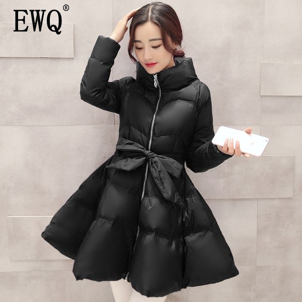 EWQ Winter High Quality Stand Collar Long Sleeve Adjustable Waist Solid Patchwork Korea Femals Cotton Clothing AH34503XL 201019