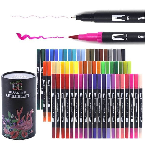 24-60 Colorurs Fineliner Tip Drawing Markers Dual Tip Art Marker Watercolor Brush Lettering Pen For Coloring Books Manga Drawing 201211
