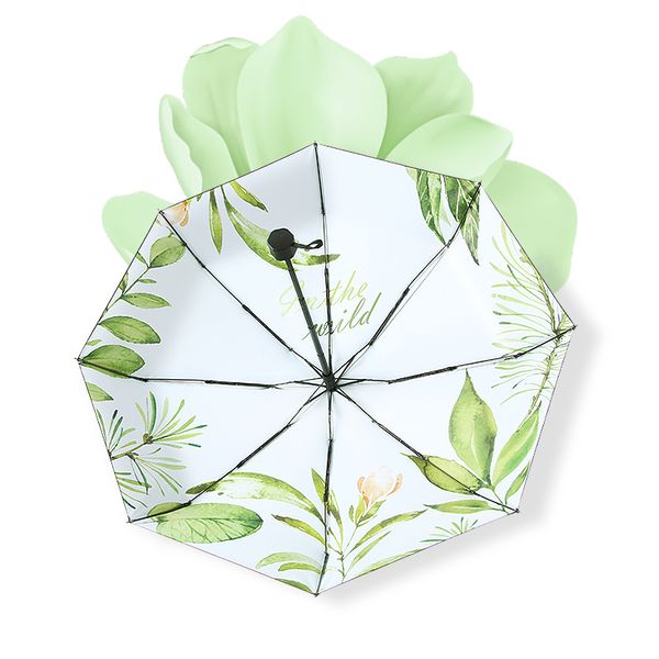 Female Mini Pocket Folding Umbrella Automatic Umbrella Rain Women Green Plants Parasol Windproof UV Protection Capsule 201112