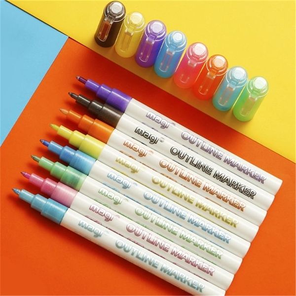 Self-outline Metallic Markers 8pcs Double Line Pen BuIIet Journal Pens & Colored Permanent Marker Pens for Kids Adults Coloring 201211