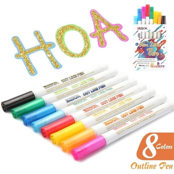 8pc-set Double Line Outline Pen Glitter Color Fluorescent Marker Metal Color Pen Handwriting Pen for Drawing Christmas Doodling 201211