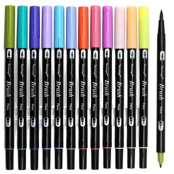 Dainayw Dual Brush Pen Art Markers, Primary, 12-Pack, ABT Brush and Fine Tip Markers for Journaling Card Making 201211