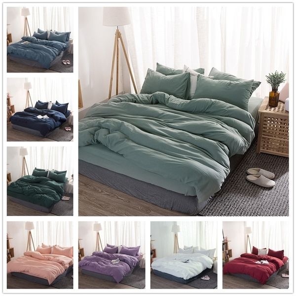 FAMIFUN New Product Solid Color 3-4 Pcs Bedding Set Microfiber Bedclothes Navy Blue Gray Bed Linens Duvet Cover Set Bed Sheet 201211