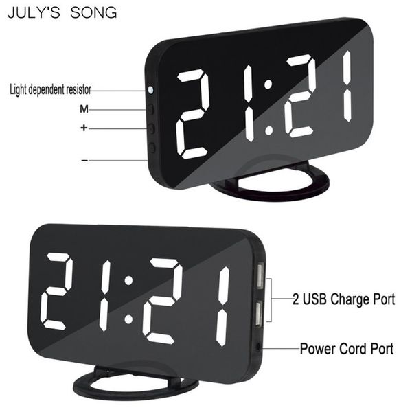 JULY&#039;S SONG Mirror Alarm Clock Digital LED Clocks USB Phone Charging Electronic Watch Table Snooze Auto Adjustable Light Clocks LJ20120