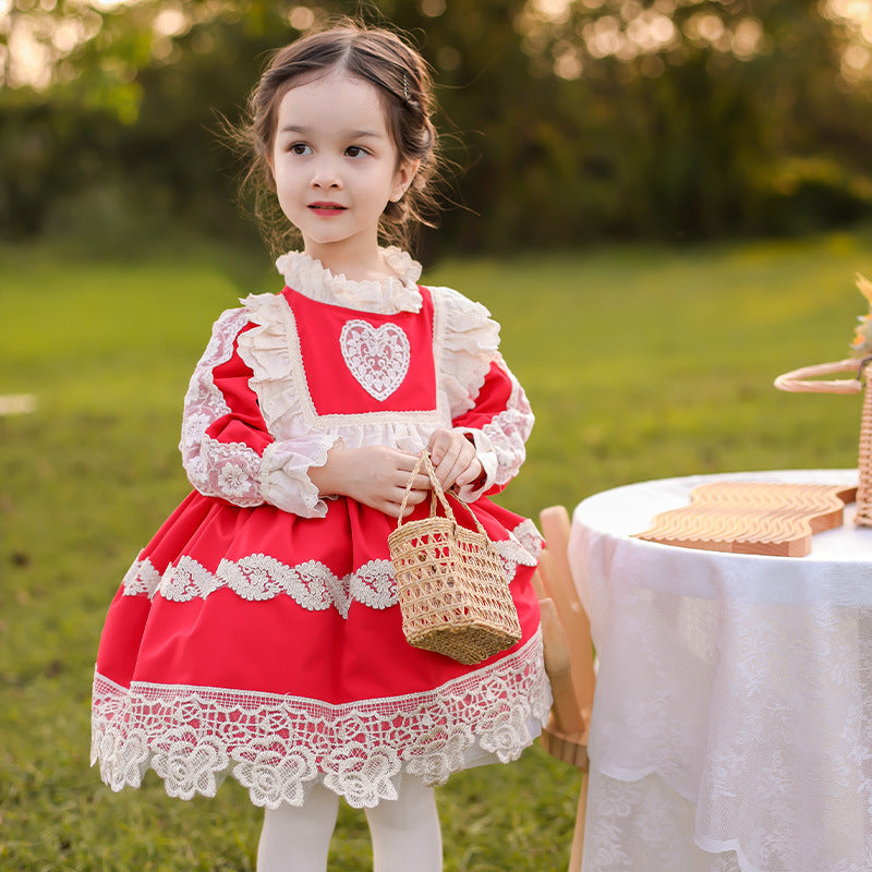 2PCS Toddler Girl Lolita Princess Dresses Children Red Frock Vintage Baby Girls Autumn Winter NEW YEARS Dress Infant Spain