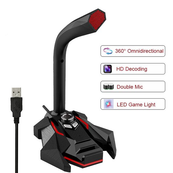 Dynamic Wired USB Studio Gaming 360 Omnidirectionnel PC Microphone for Computer Desktop Professional Dual Mic LED