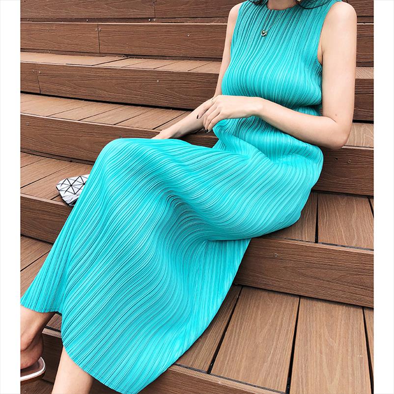 Miyake Pleated Women dresses Summer Sleeveless long dress Casual elegant Female Ice Water Blue beach TP5045