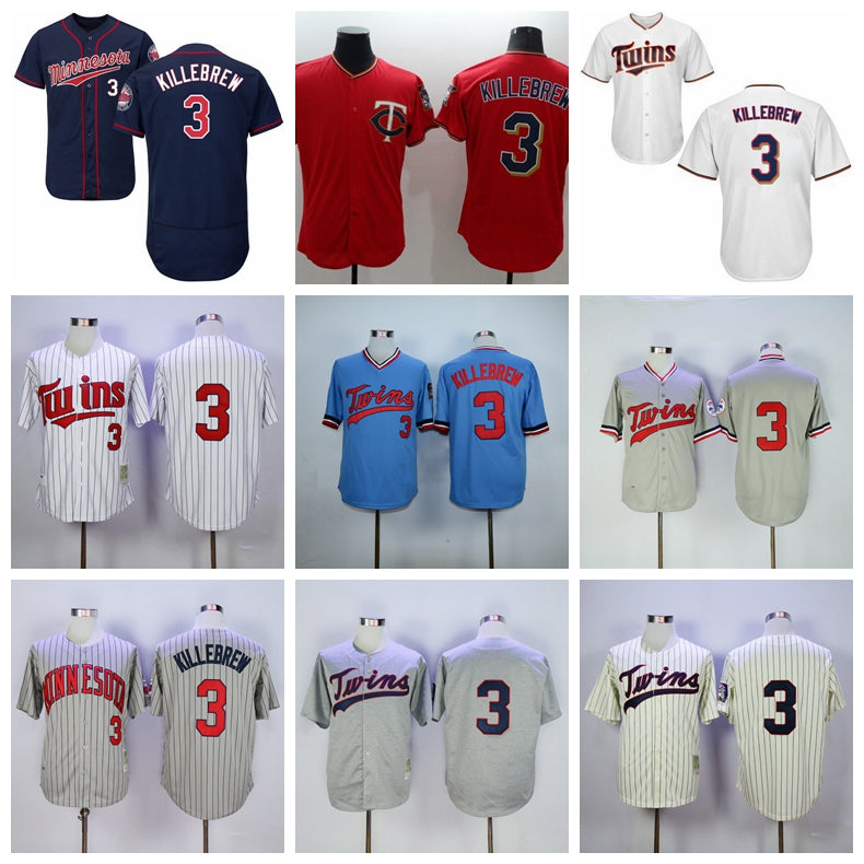 Men Vintage 3 Harmon Killebrew Baseball Jersey Team Color Flexbase Cool Base Pinstripe Pullover Embroidery 1969 1972 1987 1991 Retire