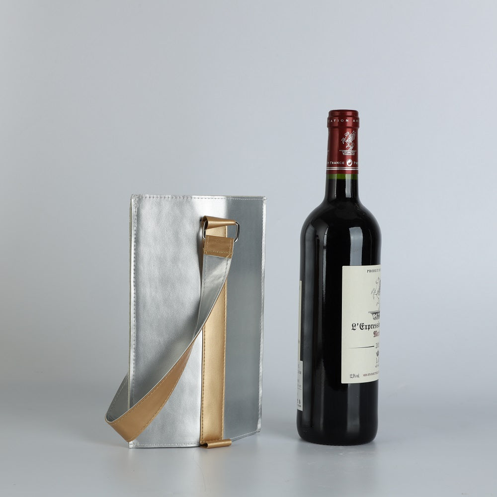 Silver PU leather Thermal Insulated Wine Carrier Bag Gift Bottle Holder Pouch Blank Single Wine Cooler Holder