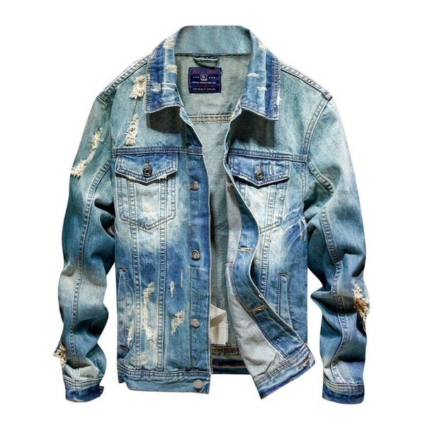 Men&#039;s Denim Jacket Casual Long Sleeve Hole Thickening Winter Jean Outerwear Blue B1