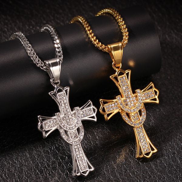 Hip Hop 5A Zirconia Cross Crystal Pendants Silver-Plate Box Chain Necklace Men Women Choker Necklaces for Fashion Wedding Jewelry Gifts