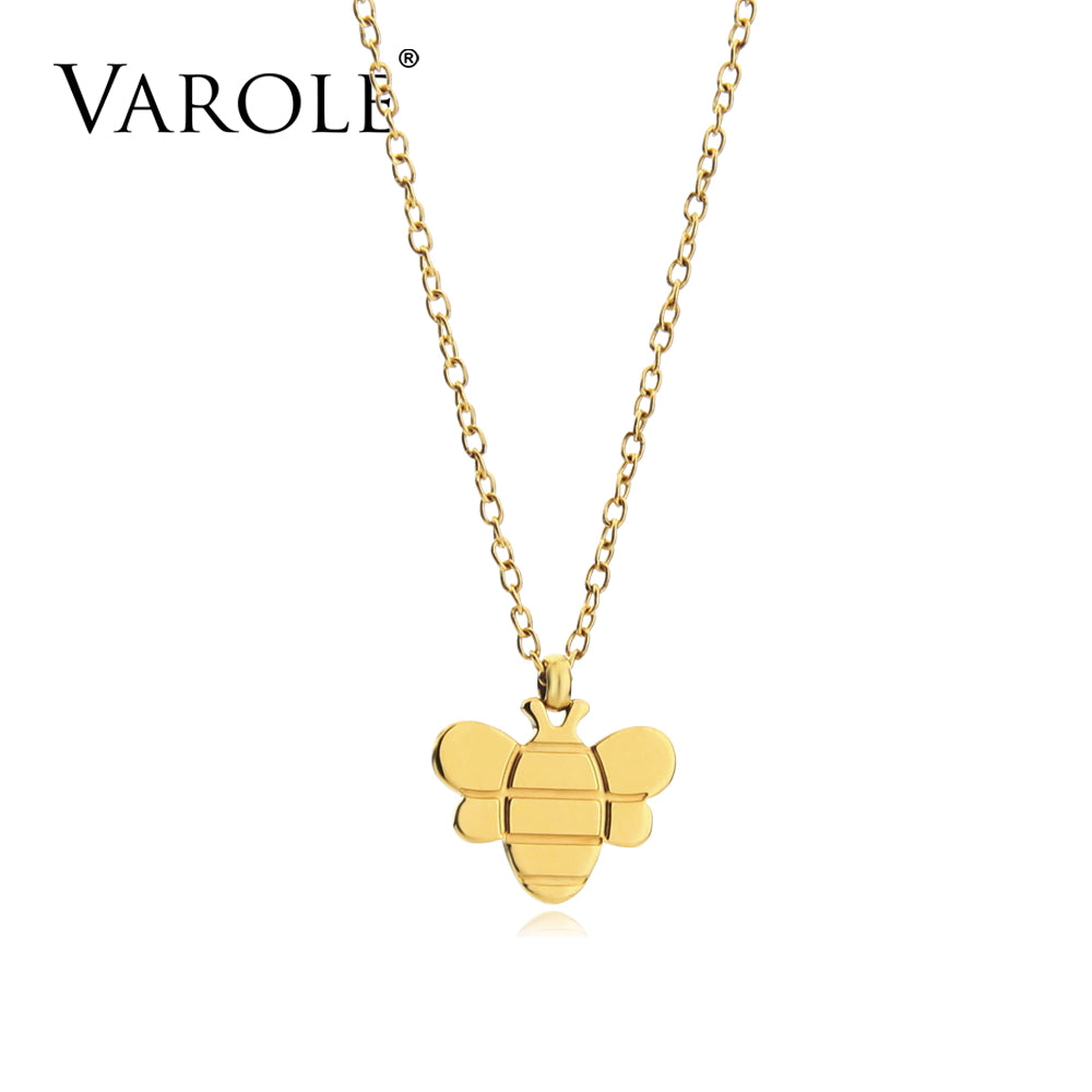 VAROLE Cute Small Bee 16in Choker Necklaces & Pendants For Women Gold Color Stainless Steel Trendy Jewelry Gift