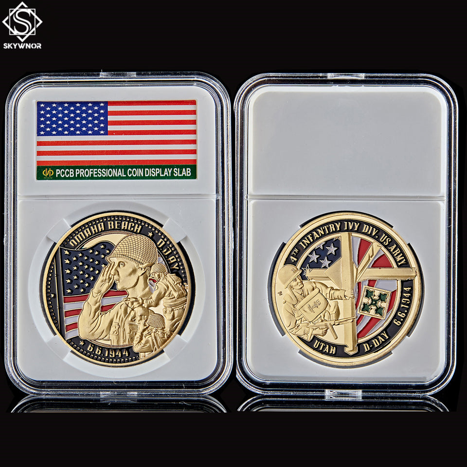 40*3mm 1944.6.6 USA Army Infantry Utah D-Day Omaha Beach Craft Commemorative Coin 24K Gold Plated Military W-Pccb Box