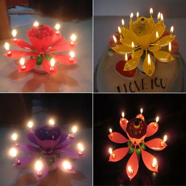 8 Candles Rotating Musical Lotus Flower Candles Cake Topper Birthday Party Cake Musical Sparkle Decoration