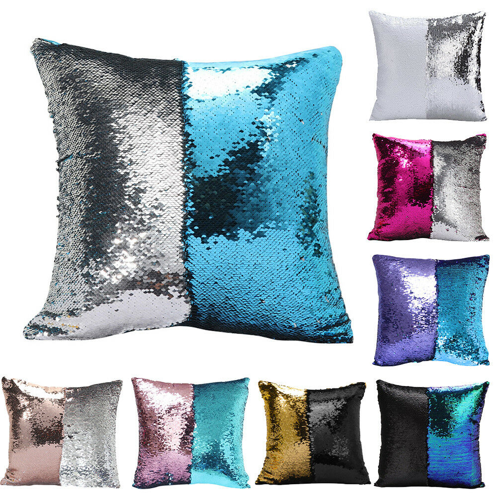 16&quot; Reversible Magic Mermaid Throw Pillow Cover Multi Sofa Cushion Sequin Glitter Pillow Case