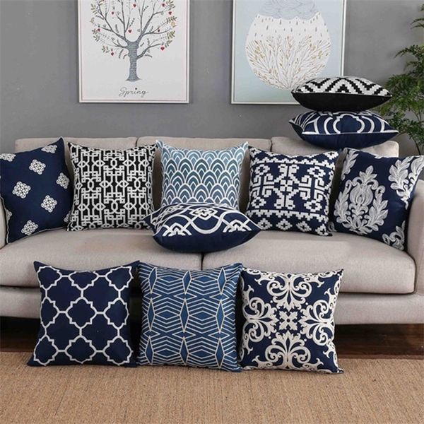 Home Decor Embroidered Cushion Cover Navy-White Pillowcase Canvas Cotton Square Embroidery Pillow Cover 45x45cm Quatrefoil LJ201216