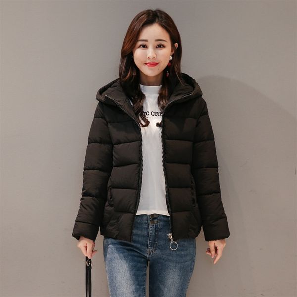 Winter Hooded Short Jacket Women Plus Size Solid Women&#039;s Parkas Stand Collar Loose Cotton Padded Casual Thick Coat Ladies 201217