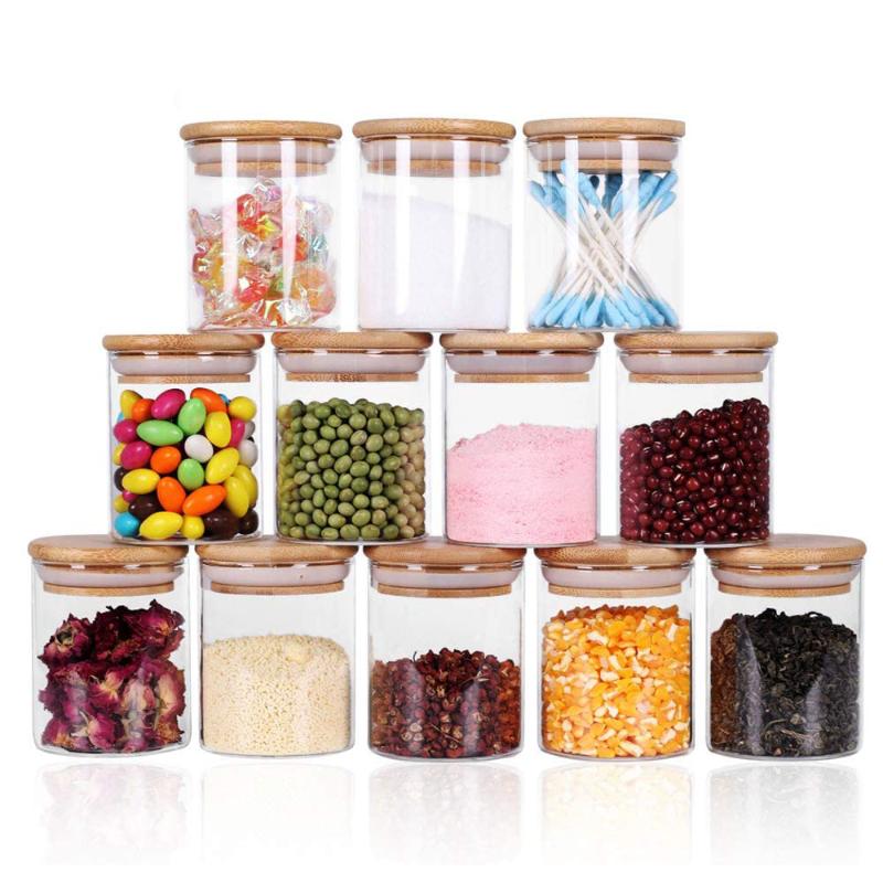 250 ML Glass Jars Set with Wood Airtight Lids Small Storage Containers for Home Kitchen, , Herbs, Sugar, Salt, Coffee
