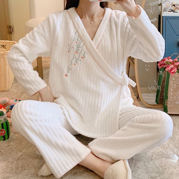 Winter Maternity Clothes Sleepwear Spring Autumn Flannel Chinese Style Kimono Confinement Clothes Prenatal+Postpartum Pajamas LJ201120