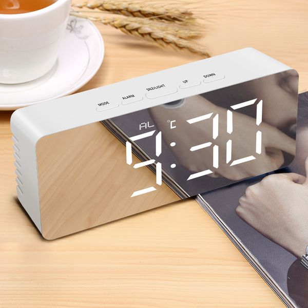 Mirror LED Desk Table Clocks Digital Snooze Clocks Alarm Wake Up Light Electronic Large Time Temperature Display Home Decoration Y200407